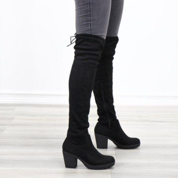 Lug Chunky Heel BlackThigh High Suede Boots - Picture 10 of 15